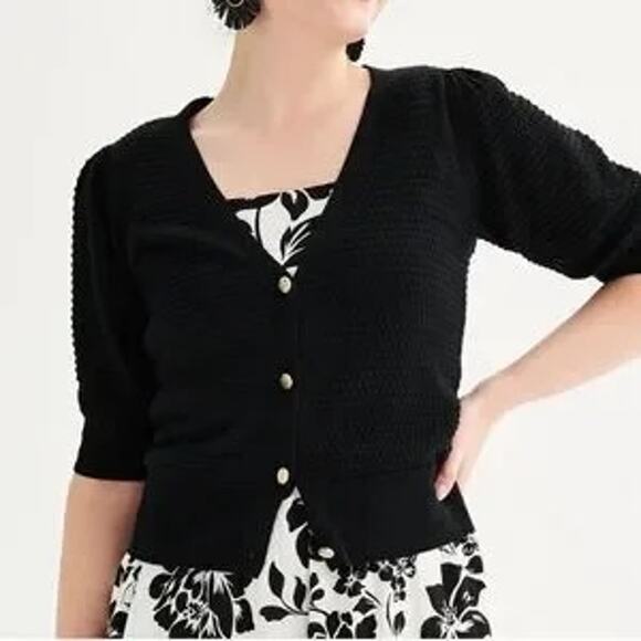 Draper James Sweaters - Draper James Short Puff Sleeve V Neck Button Up Cardigan Sweater Black Large